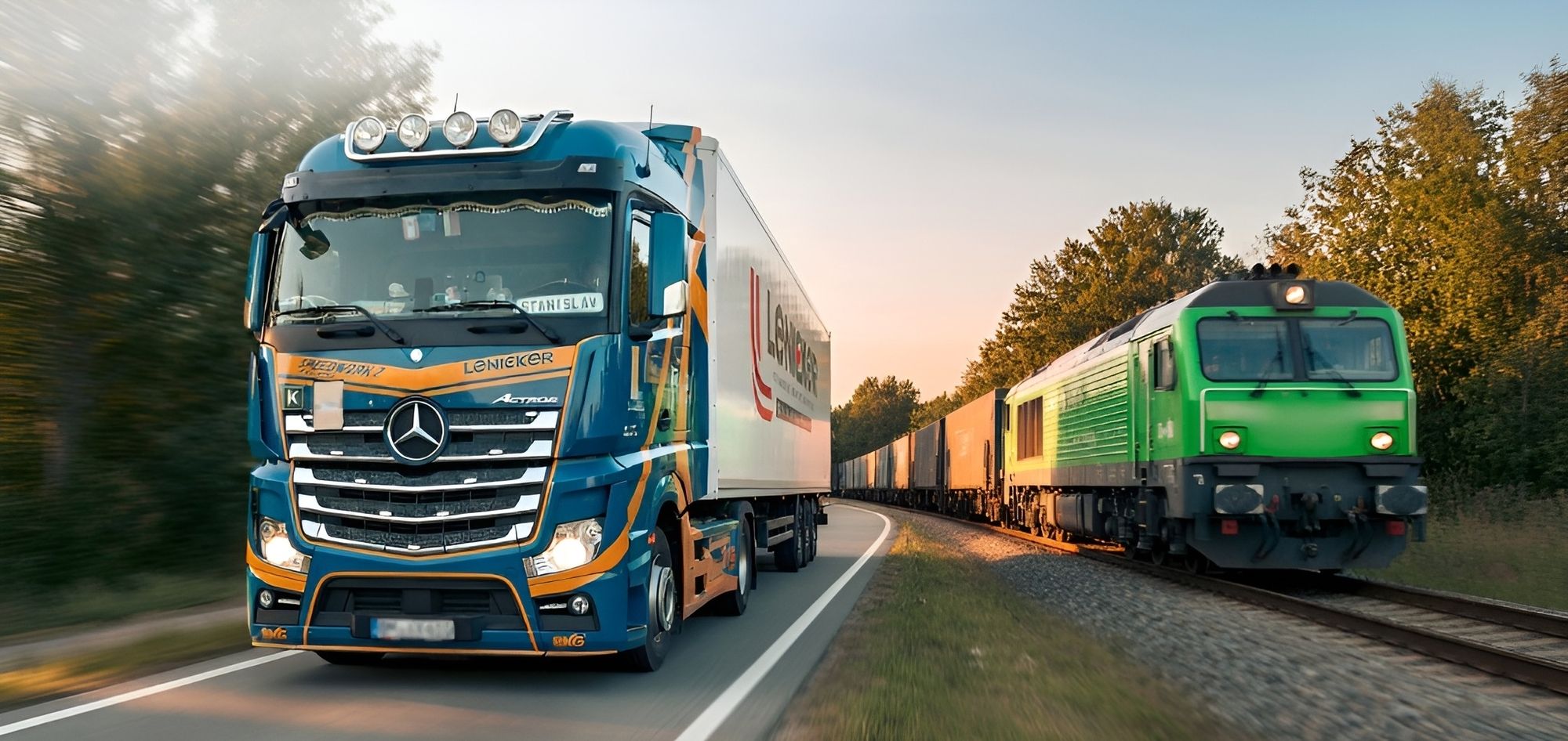 Ein Lkw fährt auf einer Landstraße, neben den LKW fährt ein Zug.
